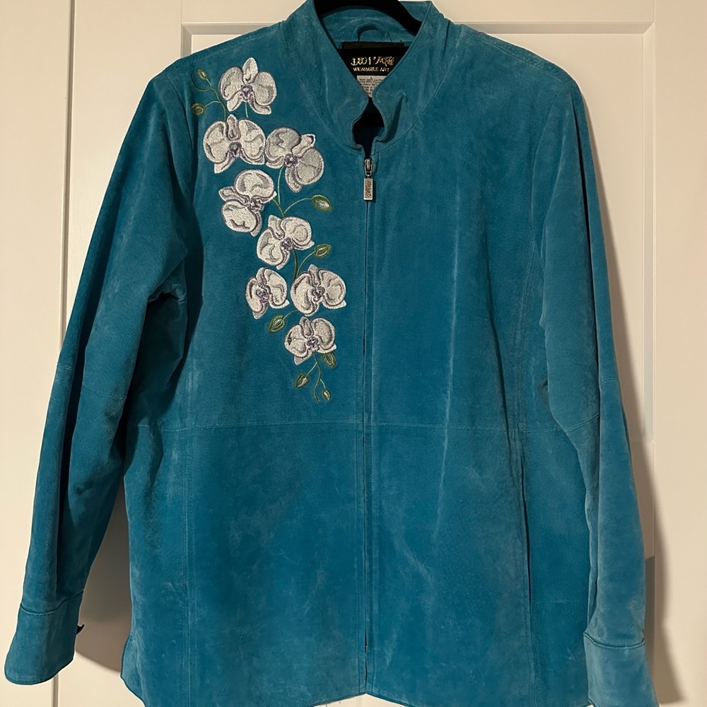 Bob Mackie Wearable Art Teal Jacket with White Floral Design